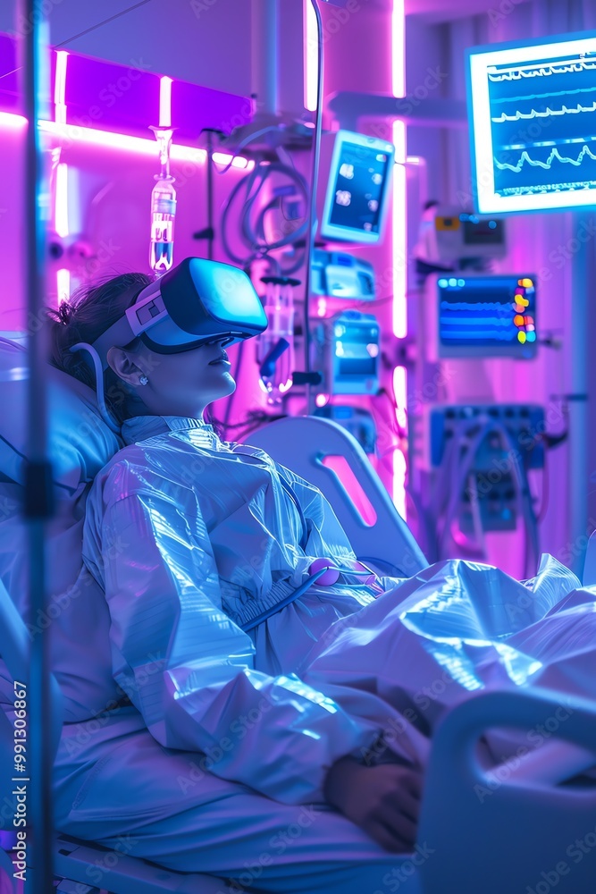 Scifi hospital, patient with VR headset, blue and purple lighting, detailed medical equipment, futuristic ambiance Scifi hospital, patient with VR headset, blue and purple lighting, detailed medical equipment, futuristic ambiance