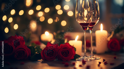 background with a cozy candlelit dinner setting, including roses, wine glasses, and soft, warm lighting