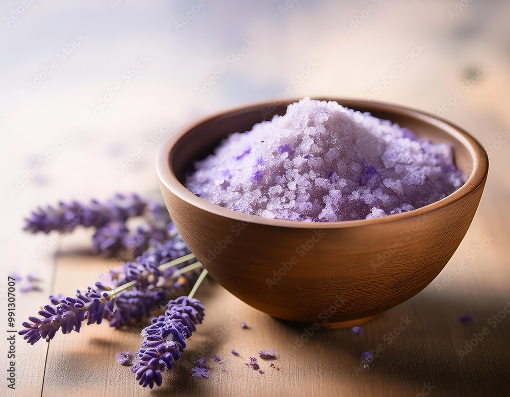 Lavender bath salt in a bowl with lavender flowers on wooden background Lavender bath salt in a bowl with lavender flowers on wooden background