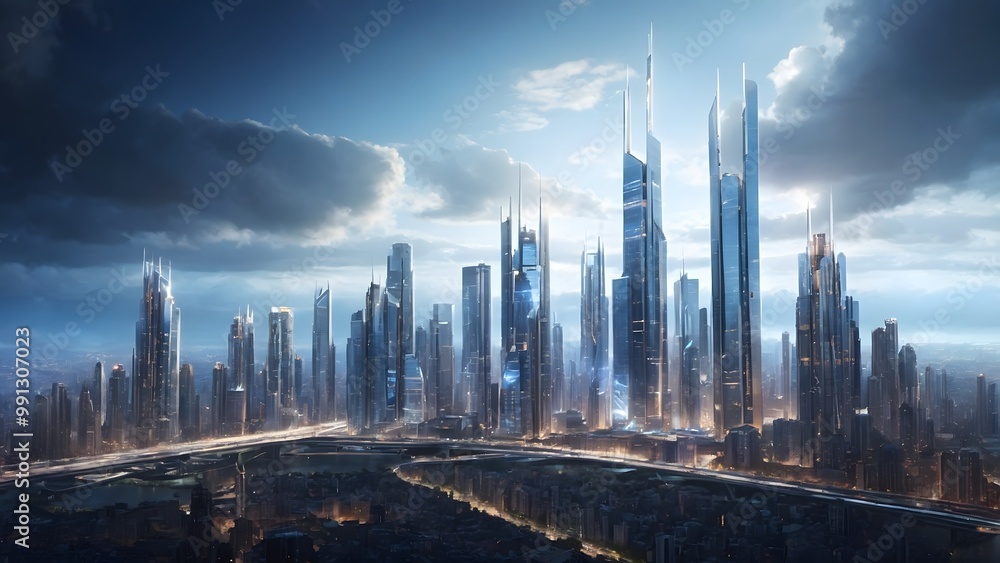 Obraz premium A Breathtaking View of a Futuristic Skyline at Dusk With Towering Skyscrapers and Dramatic Cloud Formations
