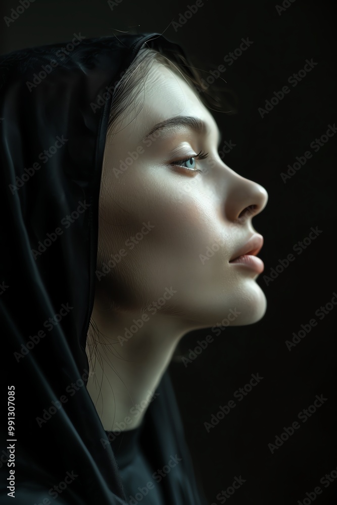 Side profile of nun in prayer, soft lighting, dark background, serene expression Side profile of nun in prayer, soft lighting, dark background, serene expression