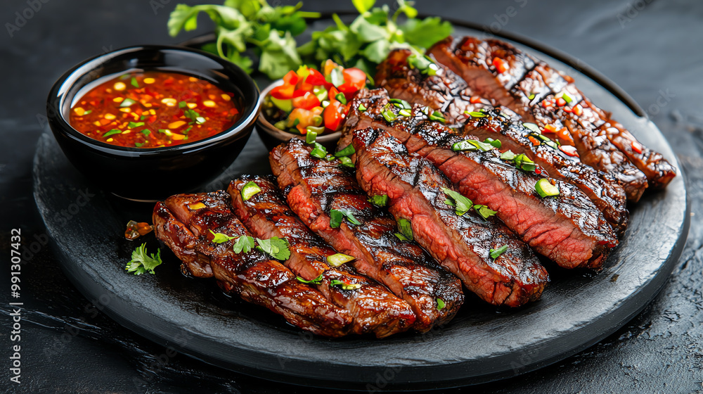 Grilled steak served with salsa, fresh herbs, and sauce Grilled steak served with salsa, fresh herbs, and sauce