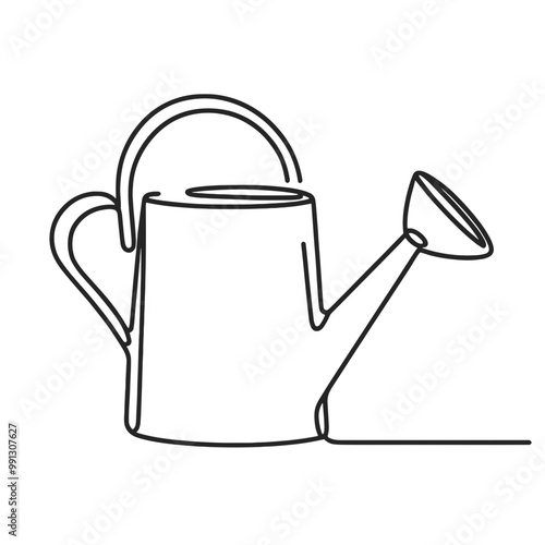 A black and white drawing of a watering can. The can is empty and has a handle. The image is simple and minimalistic, with the focus on the shape and form of the watering can
