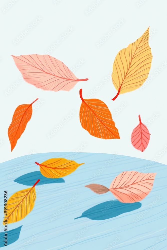 Fototapeta premium Coloring book illustration of vibrant autumn leaves in shades of gold red and orange scattered on the ground against a blank background
