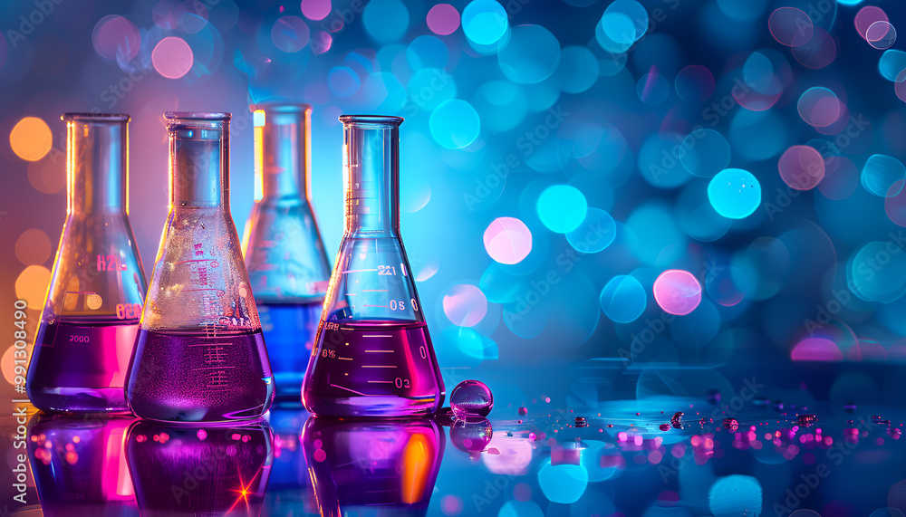 Laboratory equipment beakers and flask with backlight in different group Laboratory equipment beakers and flask with backlight in different group