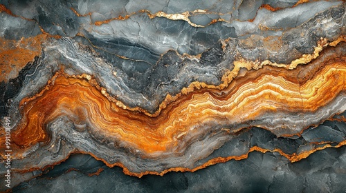 A stunning close-up of geological rock layers showcasing vibrant orange, gray, and black hues with intricate patterns, representing nature's artistry.