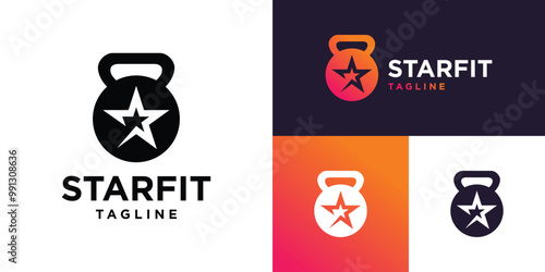 Vector design template of kettlebell logo combination with star. Sport, fitness, gym. Icon symbol EPS 10.