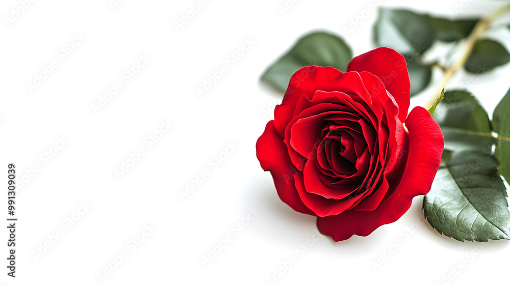 Beautiful blooming red rose on white background with space for text. Beautiful blooming red rose on white background with space for text.