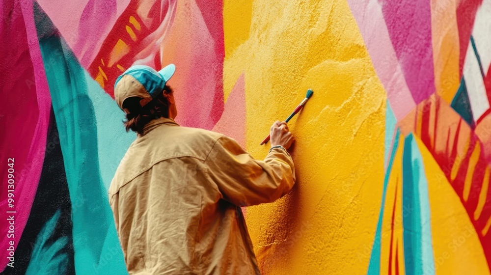 Obraz premium Male artist painting a vibrant mural on a city wall.