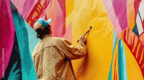 Male artist painting a vibrant mural on a city wall.