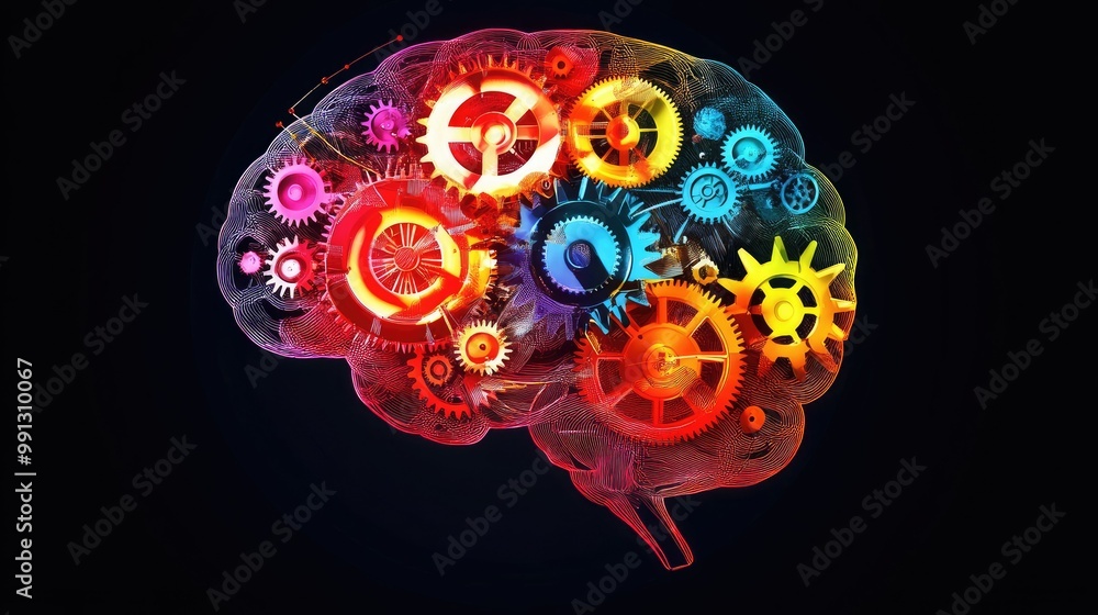 A brain image with bright, colorful gears inside, symbolizing the connection between innovation, smart ideas, and creative thought processes