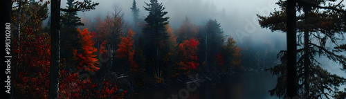 oggy forest with vibrant red autumn leaves by a lake photo