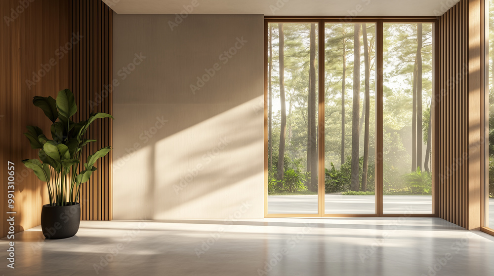 Fototapeta premium Serene Minimalist Interior with Forest Views