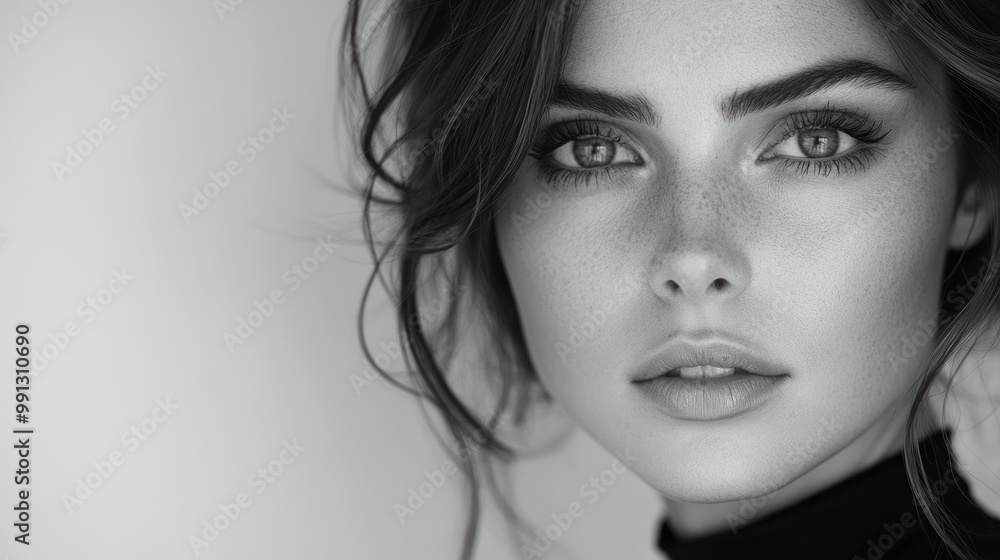Fototapeta premium This close-up captures an enchanting woman with striking features and expressive eyes