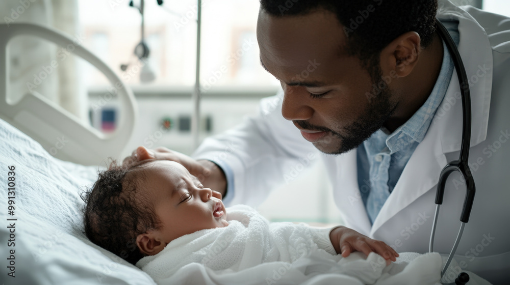African american doctor is checking on a newborn baby boy in a hospital room African american doctor is checking on a newborn baby boy in a hospital room