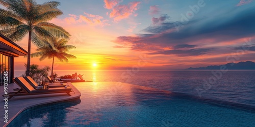 A serene sunset over a tropical pool, framed by palm trees and a tranquil ocean, perfect for relaxation and vacation inspiration. photo