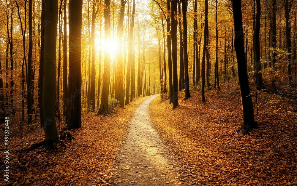 Obraz premium A serene forest path illuminated by sunlight, surrounded by autumn foliage, inviting exploration and tranquility.