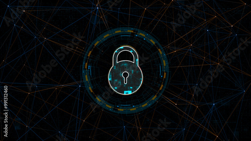 Blue digital security key logo with circle futuristic HUD elements and orange line connection with network firewall technology and data secure concepts abstract background