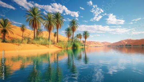 Breathtaking desert oasis with palm trees and serene water reflecting the vibrant blue sky and golden sands.