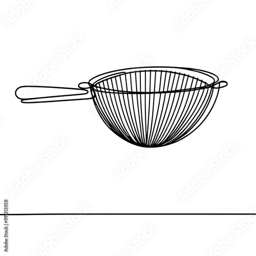 A black and white drawing of a colander with a handle. The colander is shown in mid air, with the handle and the colander itself appearing to be floating. Concept of lightness and playfulness