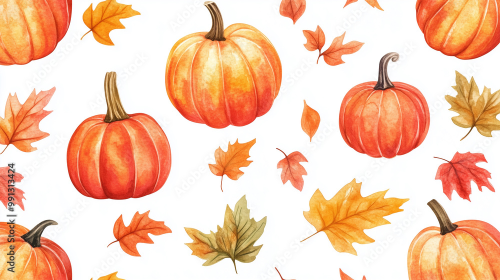 Charming Fall Design: Watercolor Pumpkins Surrounded by Leaves Charming Fall Design: Watercolor Pumpkins Surrounded by Leaves