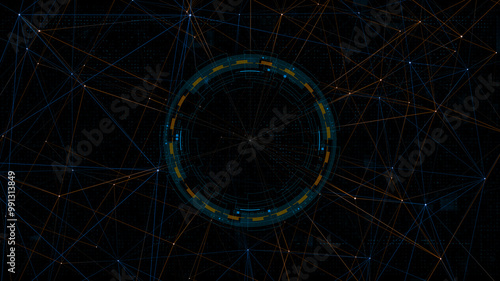 Blue digital circle futuristic HUD elements and orange line connection on abstract background technology concepts