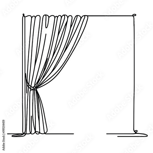 A curtain is drawn in a room. The curtain is drawn to the left of a white wall
