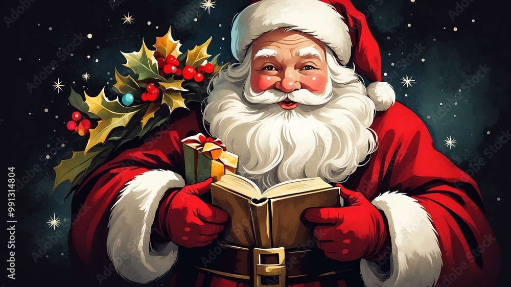 vintage style illustration of gentle Santa Claus on Christmas background, dark painting style
