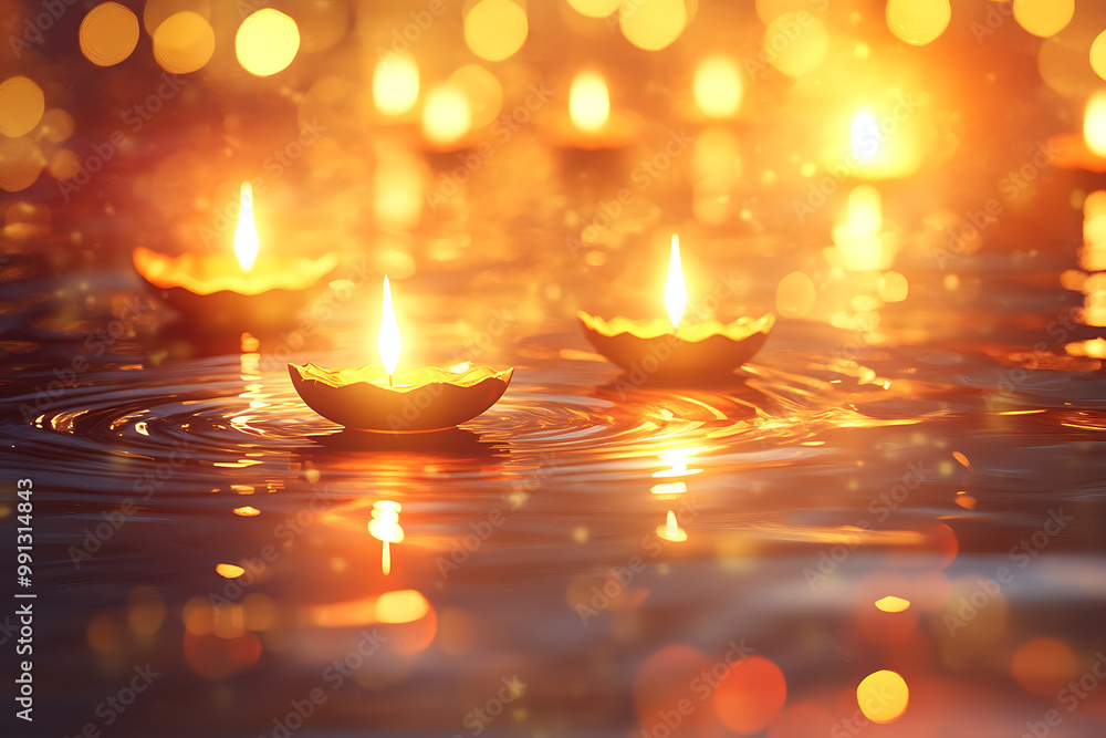 Radiant Diwali background with Diya's floating on water and reflected light effects Radiant Diwali background with Diya's floating on water and reflected light effects