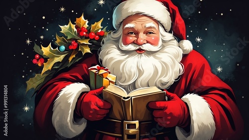 Obraz na płótnie vintage style illustration of gentle Santa Claus on Christmas background, dark painting style w salonie