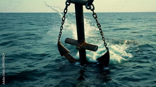 An anchor is descending into tranquil ocean waters during sunset, causing gentle ripples. The scene captures the moment of securing a boat amidst serene surroundings