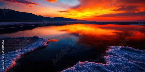 Stunning sunset reflecting on water with vibrant colors and mountains in the background.