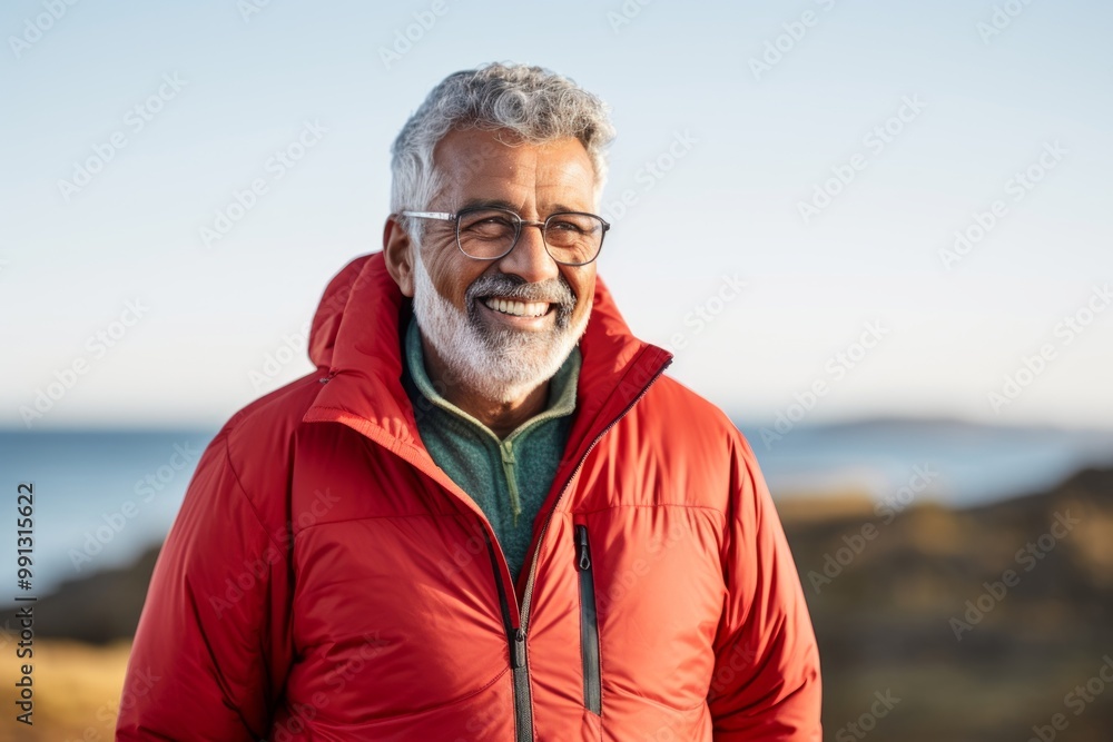 Portrait of a blissful indian man in his 80s donning a durable down jacket in front of serene seaside background Portrait of a blissful indian man in his 80s donning a durable down jacket in front of serene seaside background