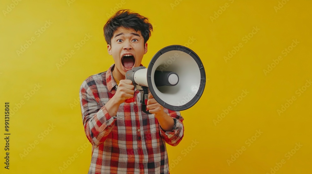 Young Aggressive Young man Screams Into a Microphone On a Yelllow Background