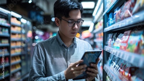 Young Man Using a Tablet in a Supermarket Aisle