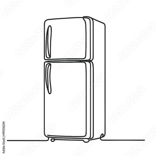 A refrigerator is shown in a black and white drawing. The refrigerator is empty and has a clean, modern look