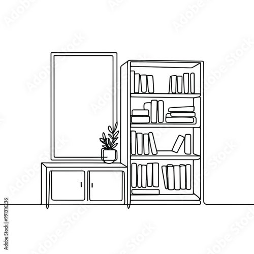 A white bookcase with a potted plant on top of it. The plant is green and has a leafy appearance. The bookcase is filled with books of various sizes and colors. The room has a cozy