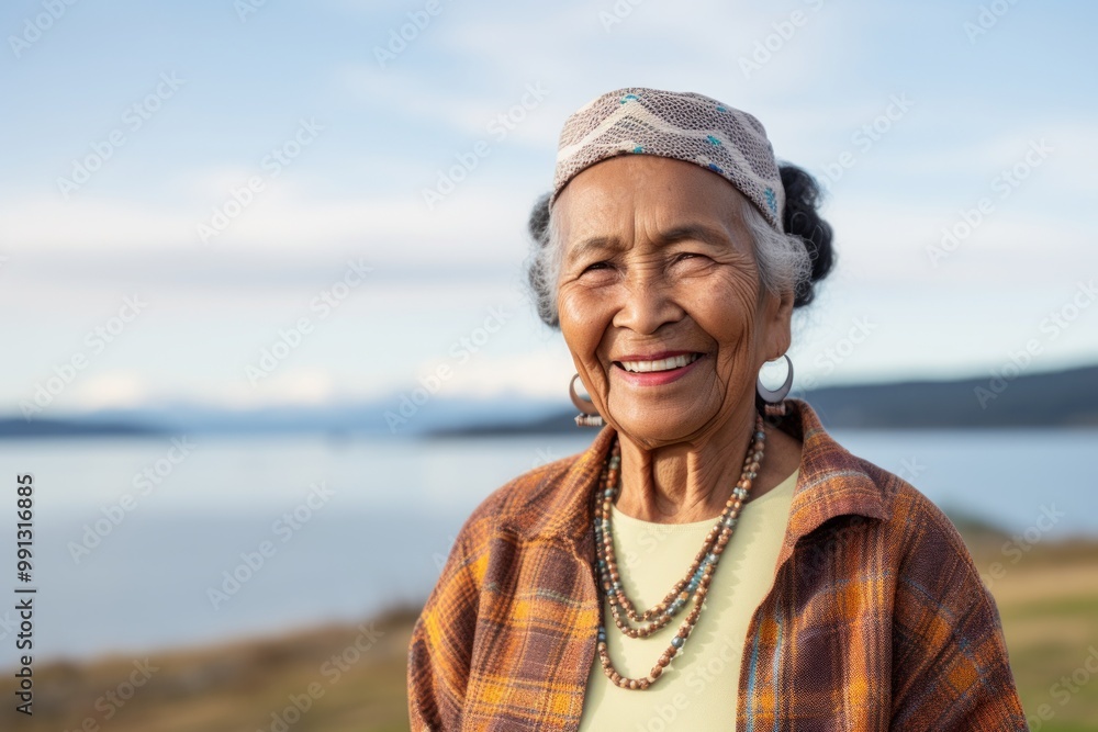 Portrait of a grinning indian woman in her 80s dressed in a relaxed flannel shirt in front of serene seaside background Portrait of a grinning indian woman in her 80s dressed in a relaxed flannel shirt in front of serene seaside background