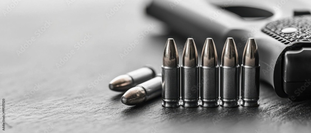 Close-up of bullets next to a handgun on a dark surface, highlighting the details of ammunition and firearm design. Close-up of bullets next to a handgun on a dark surface, highlighting the details of ammunition and firearm design.