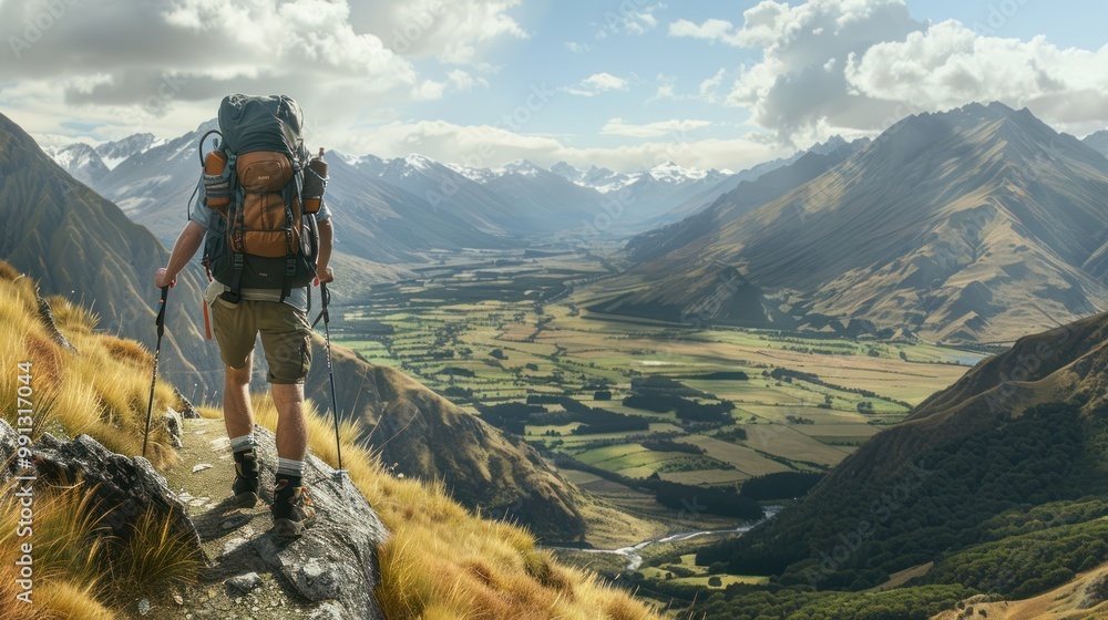 Adventurous Backpacker on a Mountain Trail Adventurous Backpacker on a Mountain Trail
