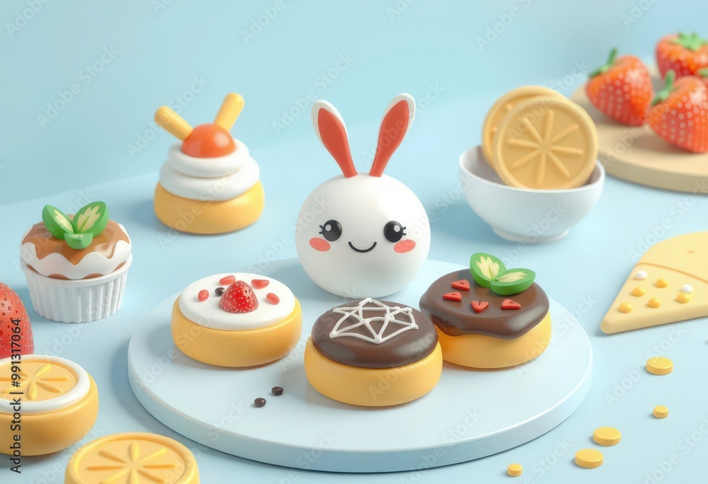 Cute 3D cartoon bunny with assorted donuts and lemon slices on a blue background. Cute 3D cartoon bunny with assorted donuts and lemon slices on a blue background.