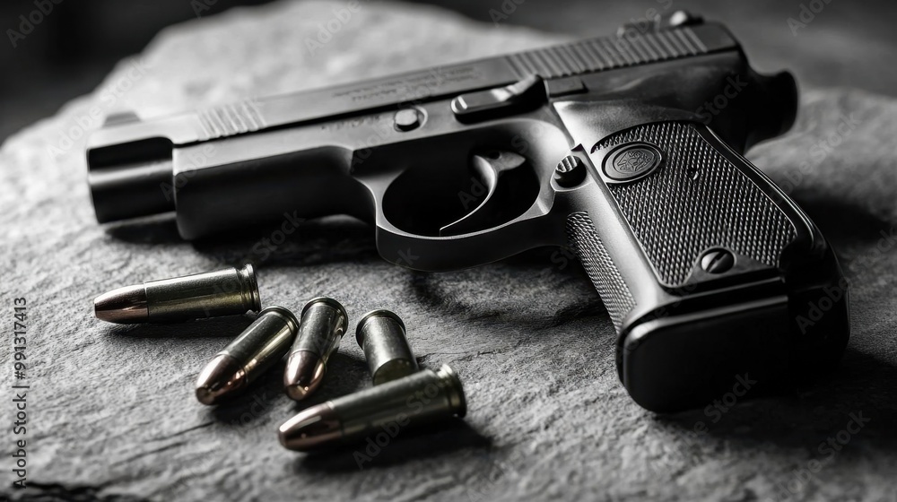 A close-up image of a sleek black handgun resting on a textured stone surface, with bullets scattered nearby. A close-up image of a sleek black handgun resting on a textured stone surface, with bullets scattered nearby.