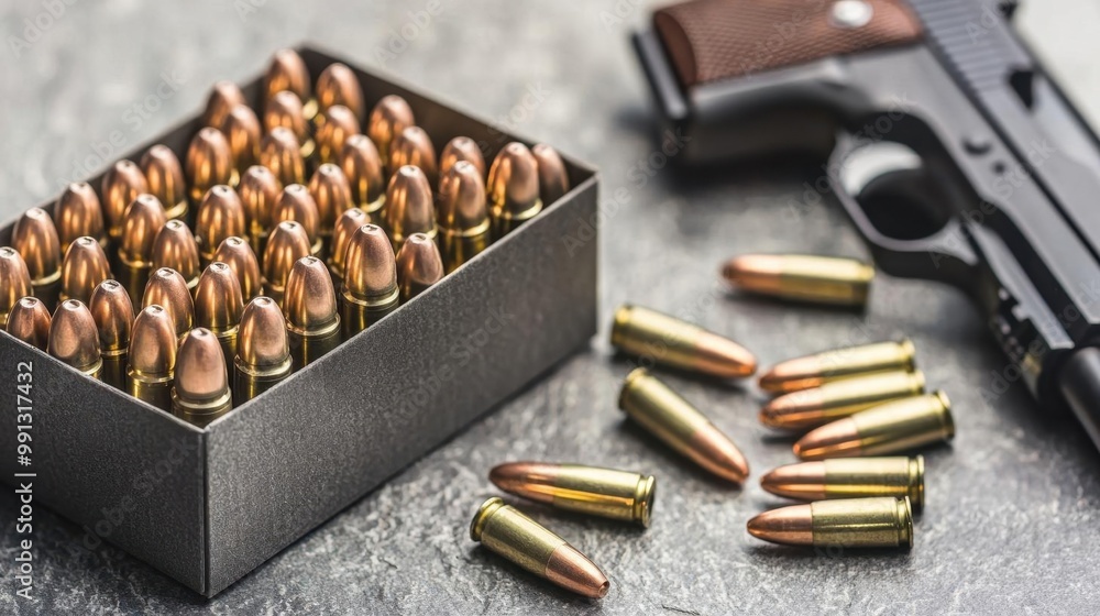 Detail view of bullets in a box beside a handgun, highlighting ammunition, firearm safety, and shooting equipment scene. Detail view of bullets in a box beside a handgun, highlighting ammunition, firearm safety, and shooting equipment scene.