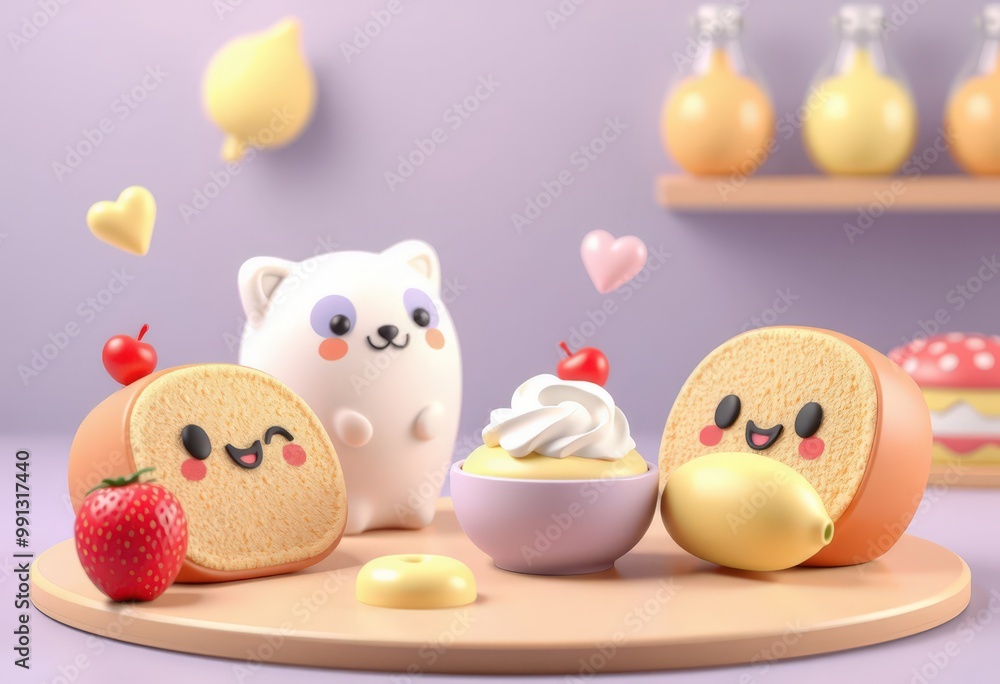 Cute 3D cartoon character cake, dessert, lemon and strawberry on wooden plate with pastel pink background. Cute 3D cartoon character cake, dessert, lemon and strawberry on wooden plate with pastel pink background.
