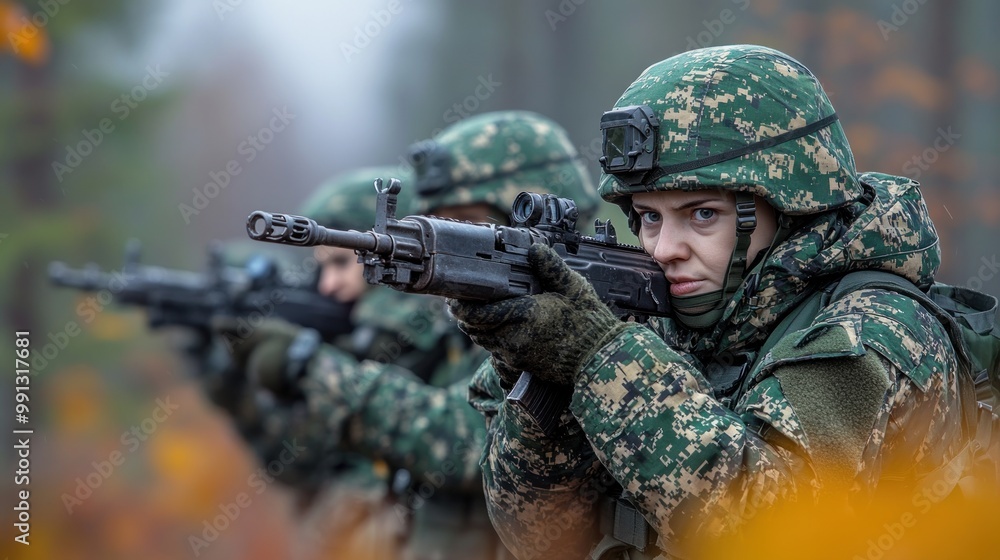 Fototapeta premium Soldiers ready their weapons, showing teamwork and resolve in the fall colors