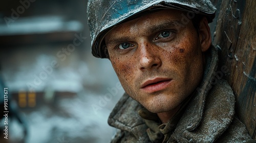 A soldier's determined expression reveals his grit in a snowy war setting