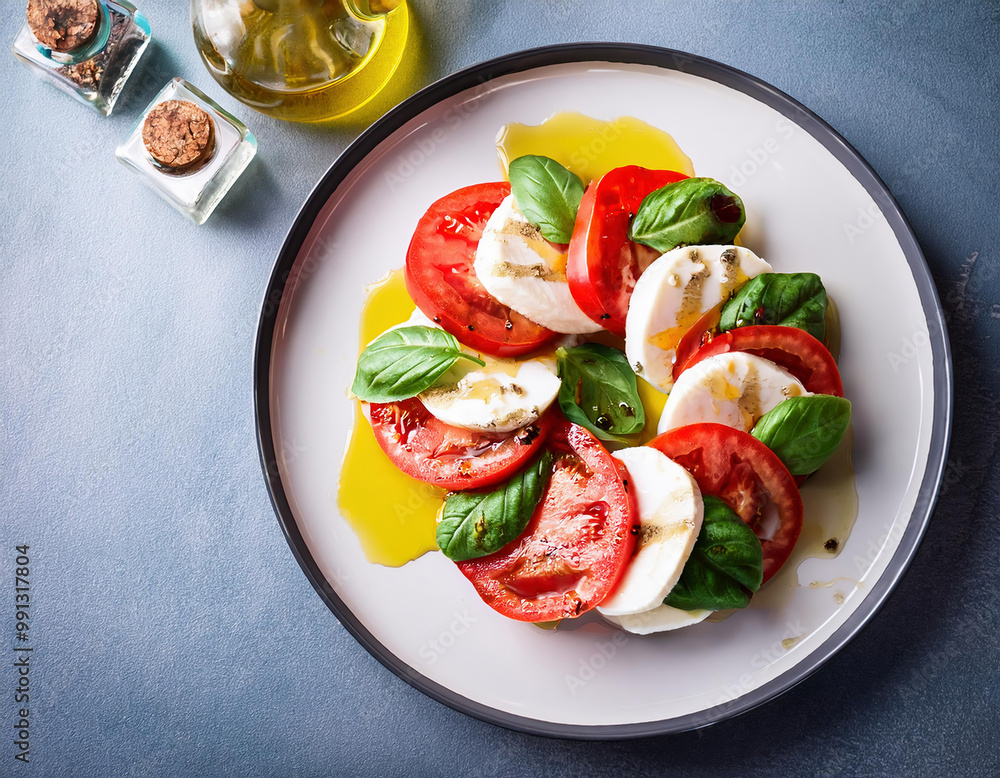 Caprese salad with tomatoes, mozzarella and basil leaves Caprese salad with tomatoes, mozzarella and basil leaves