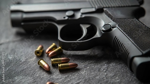 Close-up view of a black handgun with bullets on a textured surface, highlighting details of firearm design and ammunition.