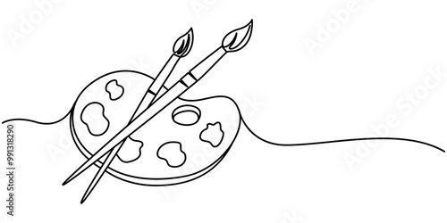 Continuous one line drawing of a art materials. Artsy brushes and painting palette one line drawing vector illustration isolated on white background, Continuous Line Drawing of Art Class Icon. Hand