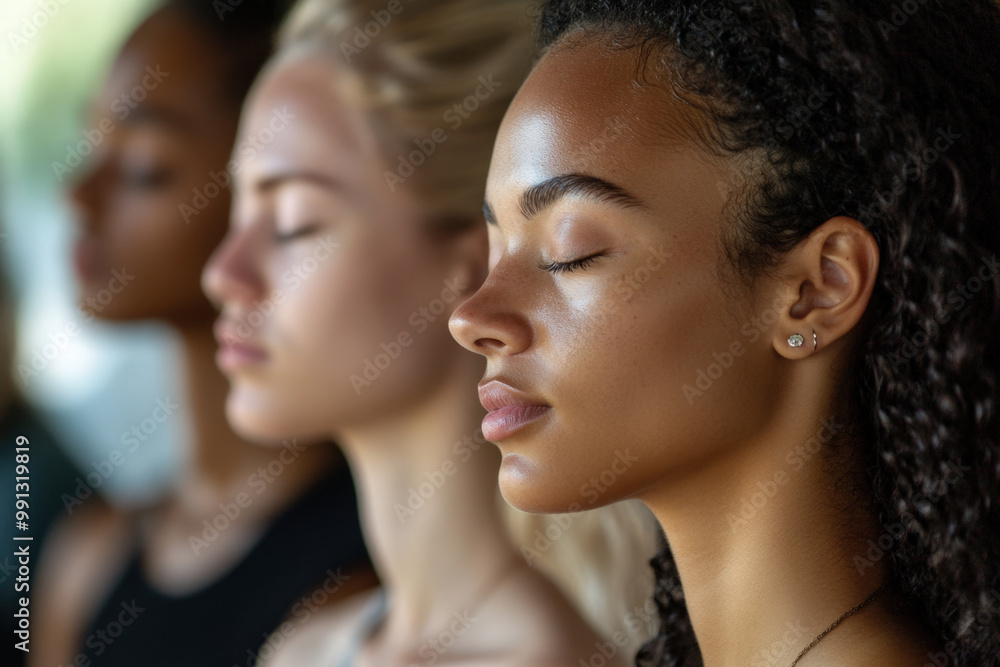 Three young women are practicing mindfulness with their eyes closed Three young women are practicing mindfulness with their eyes closed